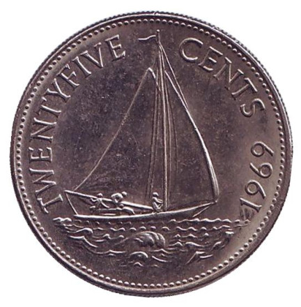 Монета 25 центов. 1969 год, Багамские острова. Парусник.