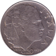 Монета 20 чентезимо. 1939 год, Италия. Магнитная, гурт рубчатый. (XVIII). Монета 20 чентезимо. 1939 год, Италия. Магнитная, гурт рубчатый. (XVIII).