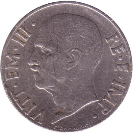 Монета 20 чентезимо. 1939 год, Италия. Магнитная, гурт рубчатый. (XVIII). Монета 20 чентезимо. 1939 год, Италия. Магнитная, гурт рубчатый. (XVIII).