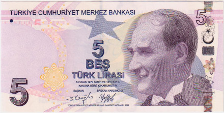 Банкнота 5 лир. 2009 год, Турция. Выпуск 2022 года. 222f.