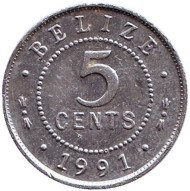 Монета 5 центов. 1991 год, Белиз. Монета 5 центов. 1991 год, Белиз.