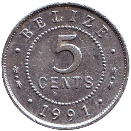 Монета 5 центов. 1991 год, Белиз.