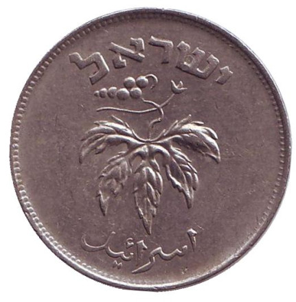 Монета 50 прут. 1954 год, Израиль. (Немагнитная, гладкий гурт) Листья винограда.