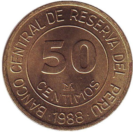Монета 50 сентимов. 1988 год, Перу. Мигель Грау.