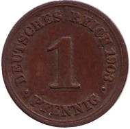 Монета 1 пфенниг. 1903 год (F), Германская империя. Монета 1 пфенниг. 1903 год (F), Германская империя.
