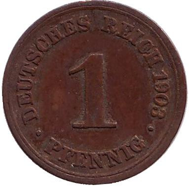 Монета 1 пфенниг. 1903 год (F), Германская империя.