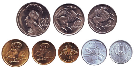 Набор монет Греции 1973 года. (8 шт.), 10 лепт - 20 драхм. Состояние - UNC.