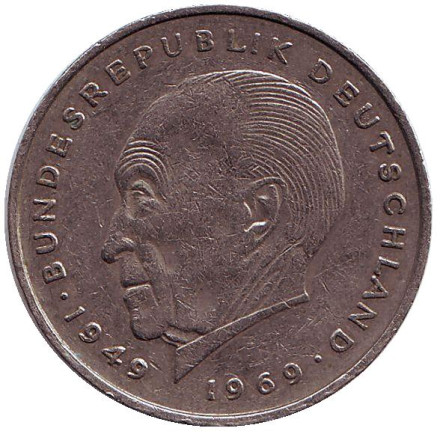 Монета 2 марки. 1974 год (G), ФРГ. Из обращения. Конрад Аденауэр.