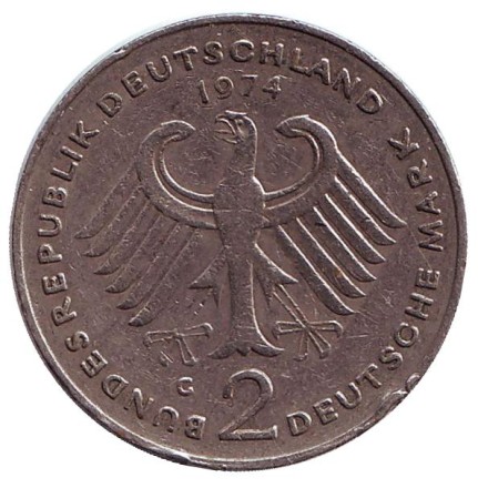 Монета 2 марки. 1974 год (G), ФРГ. Конрад Аденауэр.