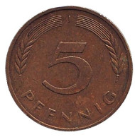 Монета 5 пфеннигов. 1976 год (J), ФРГ. Дубовые листья. Монета 5 пфеннигов. 1976 год (J), ФРГ. Дубовые листья.