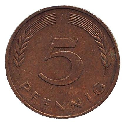 Монета 5 пфеннигов. 1976 год (J), ФРГ. Дубовые листья.