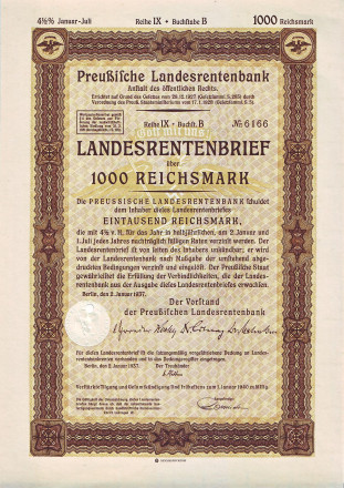 Облигация. 4,5%, 1000 рейхсмарок, 1937 год, Германия (Третий Рейх).