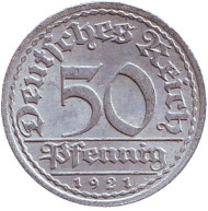 Монета 50 пфеннигов. 1921 год (A), Веймарская республика. Монета 50 пфеннигов. 1921 год (A), Веймарская республика.