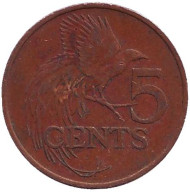 Монета 5 центов. 1981 год, Тринидад и Тобаго. Райская птица. Монета 5 центов. 1981 год, Тринидад и Тобаго. Райская птица.