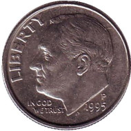 Монета 10 центов. 1995 (P) год, США. Рузвельт. Монета 10 центов. 1995 (P) год, США. Рузвельт.