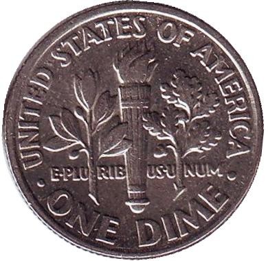Монета 10 центов. 1995 (P) год, США. Рузвельт. Монета 10 центов. 1995 (P) год, США. Рузвельт.
