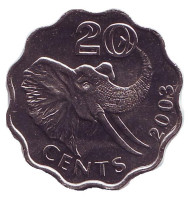 Монета 20 центов, 2003 год, Свазиленд. Слон. Монета 20 центов, 2003 год, Свазиленд. Слон.