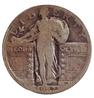 Монета 25 центов. 1927 год, США. (Без отметки монетного двора) Монета 25 центов. 1927 год, США. (Без отметки монетного двора)