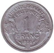 Монета 1 франк. 1958 год, Франция. Монета 1 франк. 1958 год, Франция.