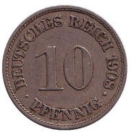 Монета 10 пфеннигов. 1908 год (A), Германская империя. Монета 10 пфеннигов. 1908 год (A), Германская империя.