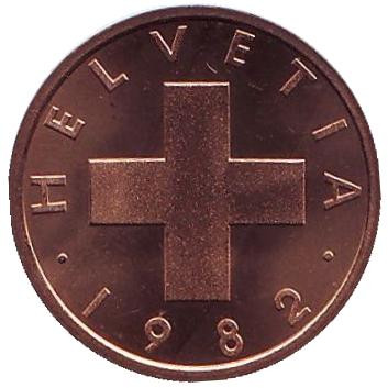 Монета 1 раппен. 1982 год, Швейцария. UNC.