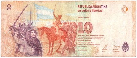 Банкнота 10 песо. 2016 год, Аргентина. Из обращения. P-360. Банкнота 10 песо. 2016 год, Аргентина. Из обращения. P-360.