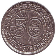 Монета 50 рейхспфеннигов. 1928 год (A), Веймарская республика. Монета 50 рейхспфеннигов. 1928 год (A), Веймарская республика.