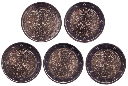 30 лет падению Берлинской стены. Набор из 5 монет разных монетных дворов. 2 евро. 2019 год, Германия.