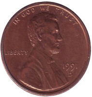 Монета 1 цент. 1991 год (D), США. Линкольн. Монета 1 цент. 1991 год (D), США. Линкольн.