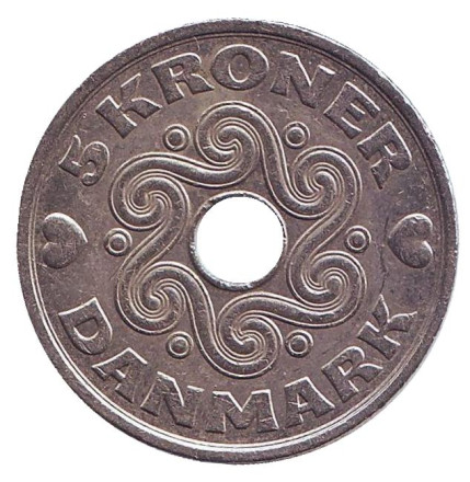 Монета 5 крон. 1999 год, Дания.
