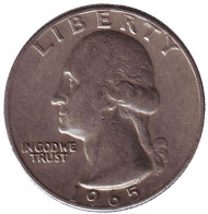 Монета 25 центов. 1965 год, США. Вашингтон. Монета 25 центов. 1965 год, США. Вашингтон.