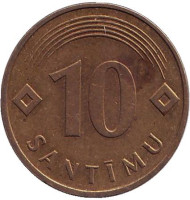 Монета 10 сантимов. 1992 год, Латвия. Из обращения. Монета 10 сантимов. 1992 год, Латвия. Из обращения.