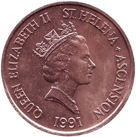 Монета 2 пенса. 1991 год, Острова Святой Елены и Вознесения. Ослик.