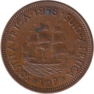 Монета 1/2 пенни. 1958 год, Южная Африка. Корабль "Дромедарис".