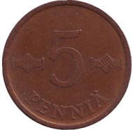 Монета 5 пенни. 1966 год, Финляндия. Монета 5 пенни. 1966 год, Финляндия.