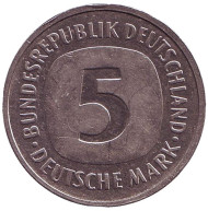 Монета 5 марок. 1994 год (F), ФРГ. Монета 5 марок. 1994 год (F), ФРГ.