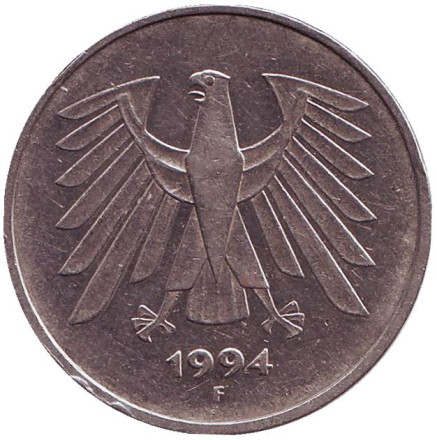Монета 5 марок. 1994 год (F), ФРГ. Монета 5 марок. 1994 год (F), ФРГ.