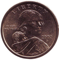 Сакагавея (Парящий орел), серия "Коренные американцы". 1 доллар, 2002 год (D), США. Сакагавея (Парящий орел), серия "Коренные американцы". 1 доллар, 2002 год (D), США.