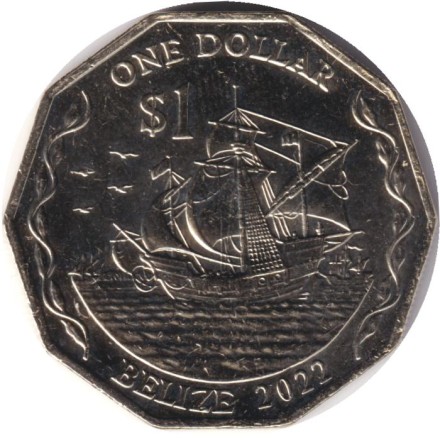 Монета 1 доллар. 2022 год, Белиз. Парусник. Монета 1 доллар. 2022 год, Белиз. Парусник.