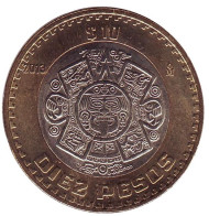 Монета 10 песо. 2013 год, Мексика. aUNC. Тонатиу. Ацтекский солнечный камень. Орёл.