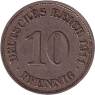 Монета 10 пфеннигов. 1911 год (Е), Германская империя. Монета 10 пфеннигов. 1911 год (Е), Германская империя.