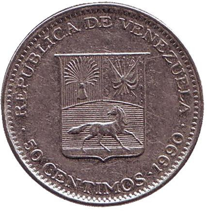 Монета 50 сентимо, 1990 год, Венесуэла. Из обращения. Герб Венесуэлы.