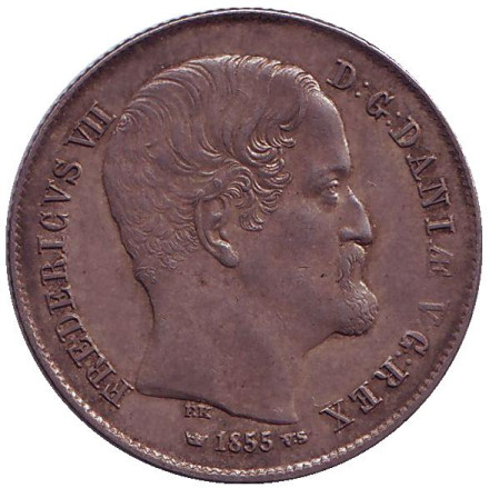 Монета 1/2 ригсдалера. 1855 год, Дания. Фредерик VII. Монета 1/2 ригсдалера. 1855 год, Дания. Фредерик VII.