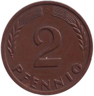 Монета 2 пфеннига. 1961 год (J), ФРГ. Дубовые листья. Монета 2 пфеннига. 1961 год (J), ФРГ. Дубовые листья.