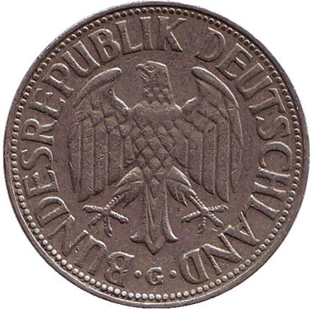 Монета 1 марка. 1961 год (G), ФРГ. Монета 1 марка. 1961 год (G), ФРГ.