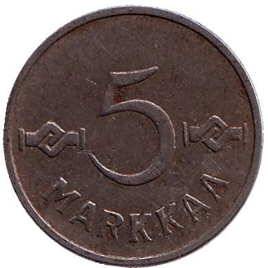 Монета 5 марок. 1952 год, Финляндия.
