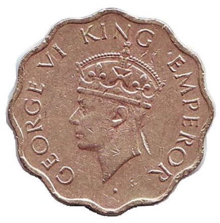 Монета 1 анна. 1943 год, Индия Британская. (Без отметки монетного двора).