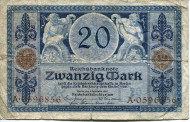 Рейхсбанкнота 20 марок. 1915 год, Германская империя. Рейхсбанкнота 20 марок. 1915 год, Германская империя.