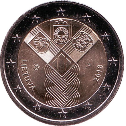 Монета 2 евро. 2018 год, Литва. 100-летие независимости прибалтийских государств.