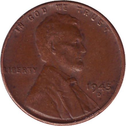 Монета 1 цент. 1945 год (D), США. Линкольн.